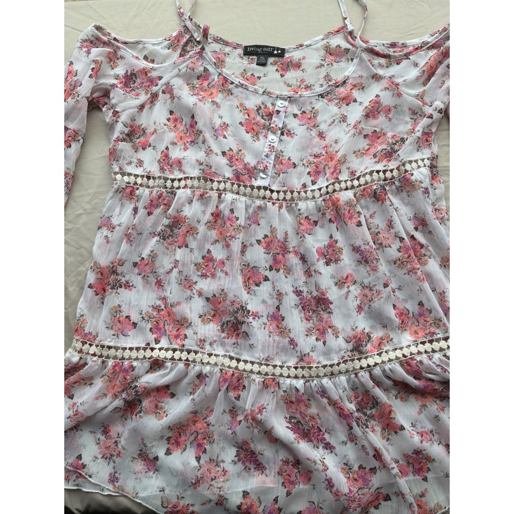 Cottagecore Womens Living Doll Cold Shoulder Floral Blouse XL White Pink
